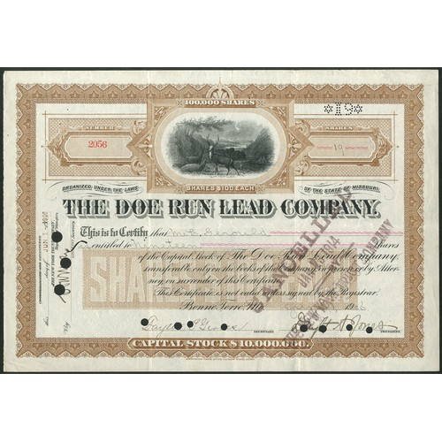 773 - ** U.S.A.: Doe Run Lead Company, $100 shares, 19[06], #2056, deer in centre, brown and black, cancel... 