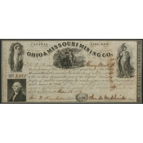 800 - ** U.S.A.: Ohio & Missouri Mining Company, $50 shares, 184[7], #2885, small format piece with nu... 