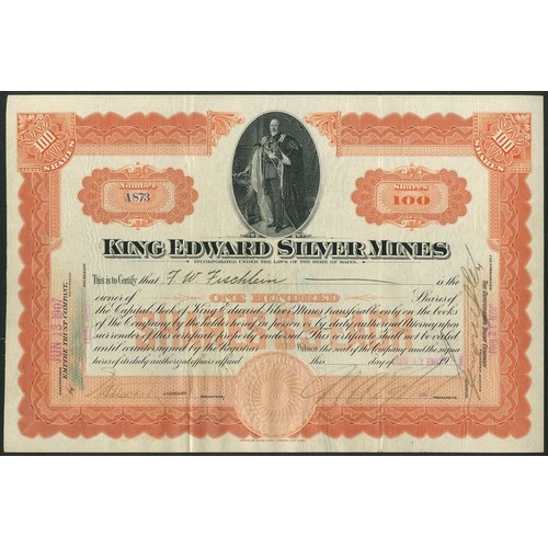 596 - ** Canada: King Edward Silver Mines, 100 shares of $5 each, 19[07], #A873, full portrait of King Edw... 