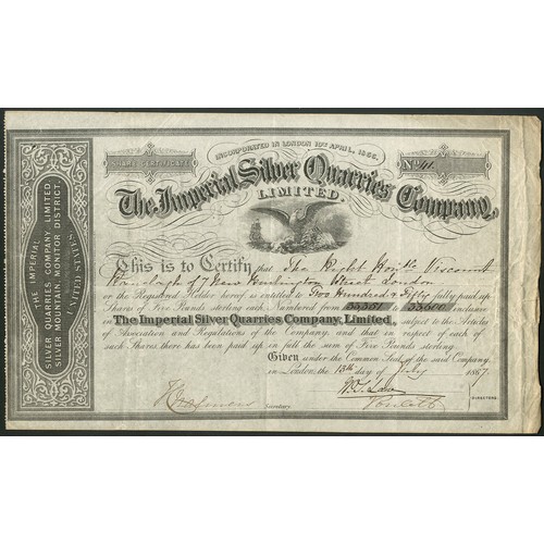 785 - ** U.S.A.: Imperial Silver Quarries Company Limited, £5 shares, 186[7], #41, eagle and shield in cen... 