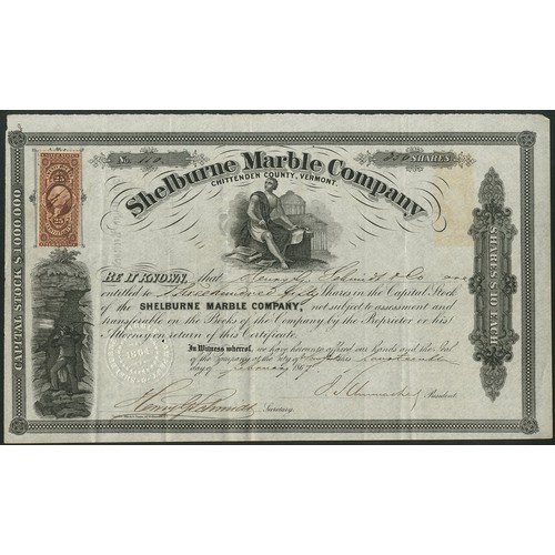 808 - ** U.S.A.: Shelburne Marble Company, $10 shares, 186[7], #110, quarryman lower left, allegorical fig... 