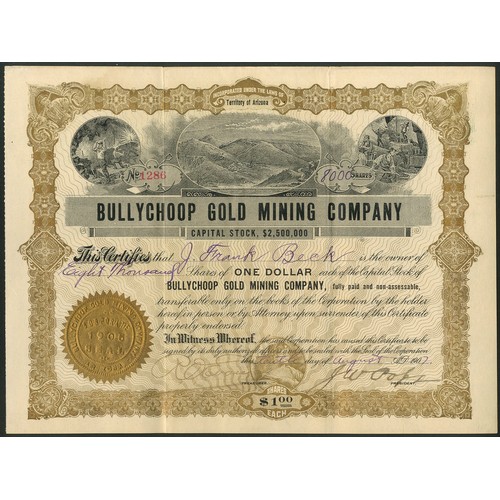 768 - ** U.S.A.: Bullychoop Gold Mining Company, $1 shares, 190[7], #1286, mining vignettes at top, gold a... 