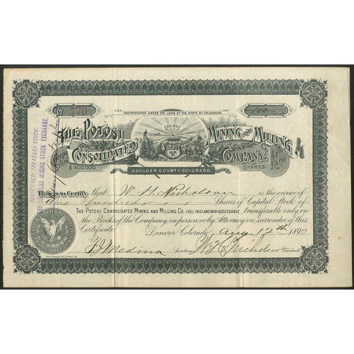 802 - ** U.S.A.: Potosi Consolidated Mining and Milling Company, $1 shares, 189[0], #770, State seal at to... 