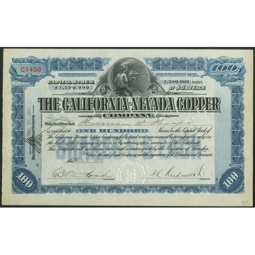 769 - ** U.S.A.: California-Nevada Copper Company, 100 shares of $5, [1909], #C1450, mine drill operator a... 