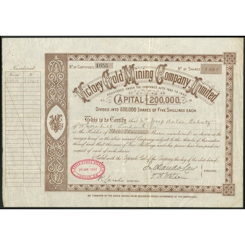 643 - Venezuela: Victory Gold Mining Company Limited, 5/- shares, [1897], #1655, brown. Registered 1888. R... 