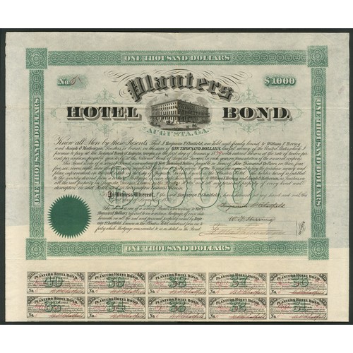 823 - ** U.S.A.: Planters Hotel, Augusta, Georgia, $1000 bond, 1875, #5, large format, Hotel in centre, gr... 