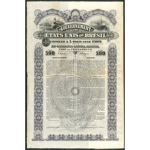 582 - Brazil: 1909 5% Loan for the Port of Pernambuco, 500 francs, #61970, large format piece with vignett... 