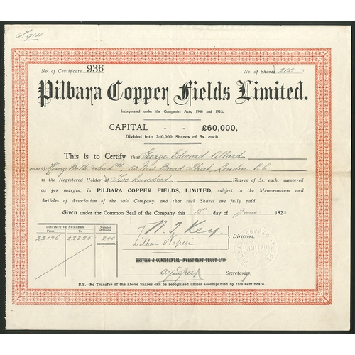 40 - Australia: Pilbara Copper Fields Limited, a collection of 4 different certificates comprising 5/- sh... 