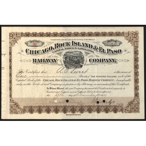 708 - U.S.A.: Chicago, Rock Island & El Paso Railway Co. (NM Terr), $100 shares, 19[09], #38, steam tr... 