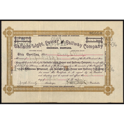 719 - U.S.A.: Gallatin Light, Power and Railway Co., Bozeman, Montana, $50 shares, 189[7], #19, ornate bor... 