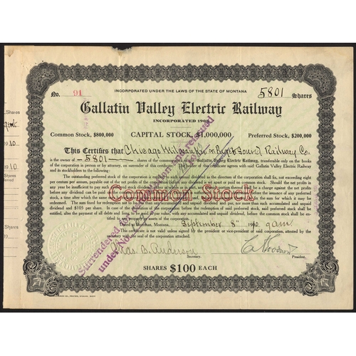 719 - U.S.A.: Gallatin Light, Power and Railway Co., Bozeman, Montana, $50 shares, 189[7], #19, ornate bor... 