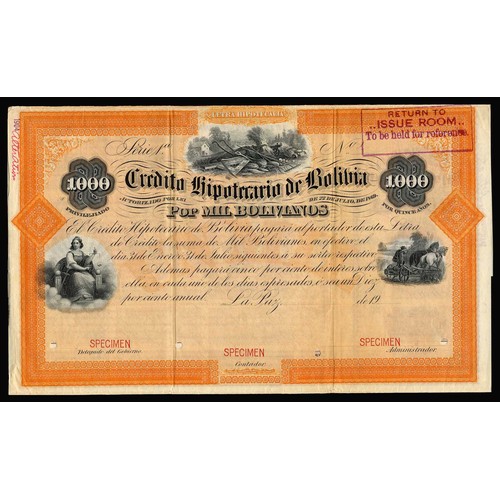 581 - Bolivia: Credito Hipotecario de Bolivia, a specimen 5% bond for 1000 bolivianos, series 1a, La Paz, ... 