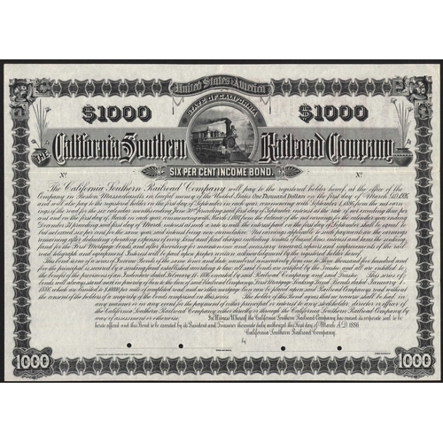 702 - U.S.A.: California Southern Railroad Co. (CA), 6% income bond for $1000, 1886, a specimen certificat... 