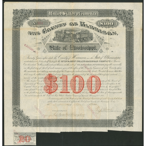 722 - U.S.A.: Gulf and Ship Island Railroad Company, 6% bond for $100 issued by the County of Harrison, Mi... 