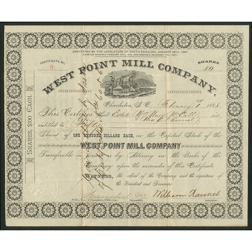 850 - U.S.A.: West Point Mill Company, South Carolina, $100 shares, Charleston 188[8], #8, mill building a... 