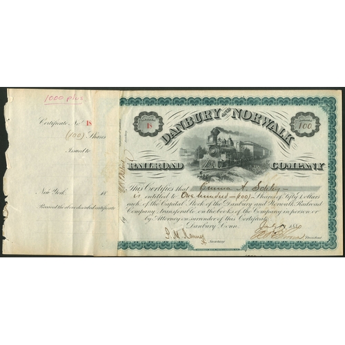 713 - U.S.A.: Danbury and Norwalk Railroad Company, $50 shares, 188[0], #18, steam train at top, green and... 