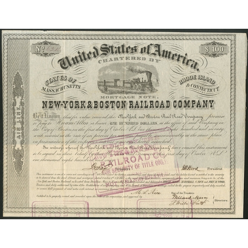 735 - U.S.A.: New York and Boston Rail Road Co., Mortgage note, 1860, $100, #624, steam train at top, blac... 