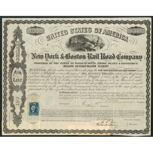 735 - U.S.A.: New York and Boston Rail Road Co., Mortgage note, 1860, $100, #624, steam train at top, blac... 