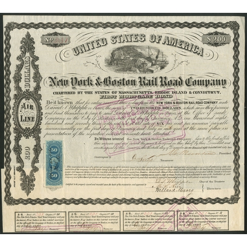 735 - U.S.A.: New York and Boston Rail Road Co., Mortgage note, 1860, $100, #624, steam train at top, blac... 