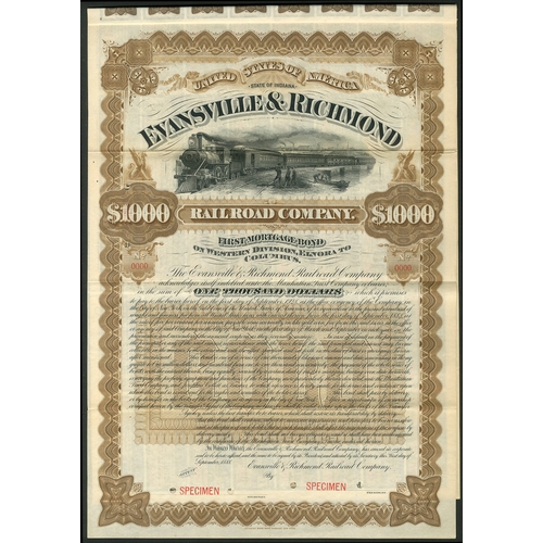 717 - U.S.A.: Evansville & Richmond Railroad Company, a specimen First Mortgage bond for $1000, 1888, ... 