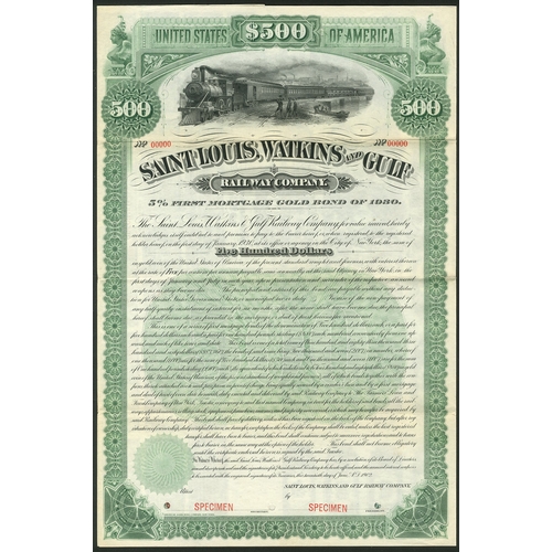 745 - U.S.A.: Saint Louis, Watkins and Gulf Railway Company, a specimen 5% First Mortgage Gold Bond, 1902,... 