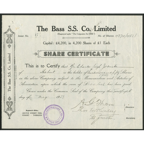 10 - Australia: Bass S.S. Co. Proprietary Limited, £1 shares, 19[23], #17, black. Registered in Tas... 