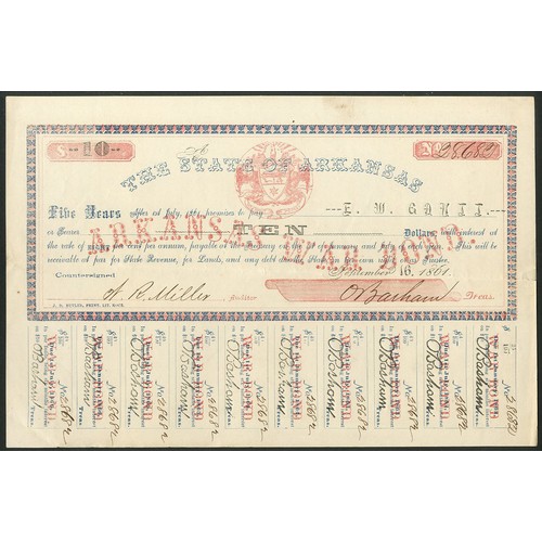 647 - U.S.A.: State of Arkansas 8% War Loan, 1861, $10, #28682, small format, red and blue, with coupons. ... 