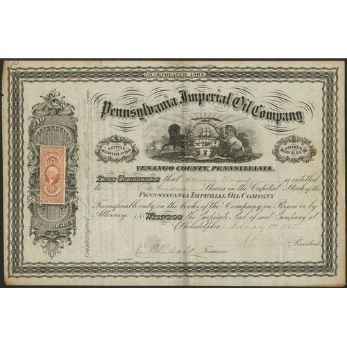 822 - U.S.A.: Pennsylvania Imperial Oil Company, $10 shares, [1865], #266, State arms in centre, scrollwor... 