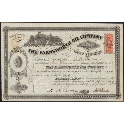 817 - U.S.A.: Farnsworth Oil Company of West Virginia, $5 shares, 186[5], #78, wells top left, black. Prop... 