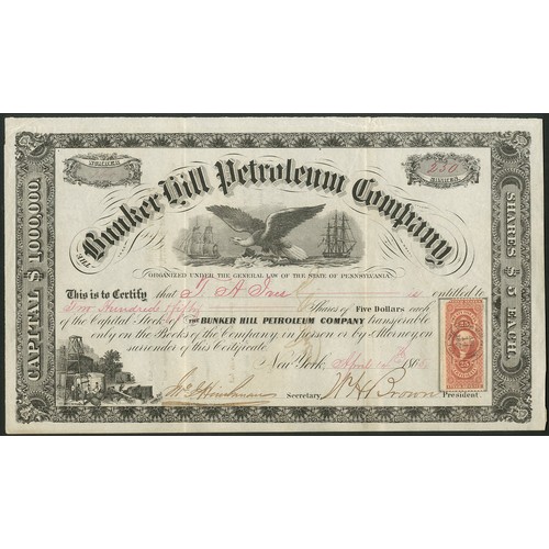 816 - U.S.A.: Bunker Hill Petroleum Company, $5 shares, 186[5], #160, eagle flanked by ships, wells lower ... 