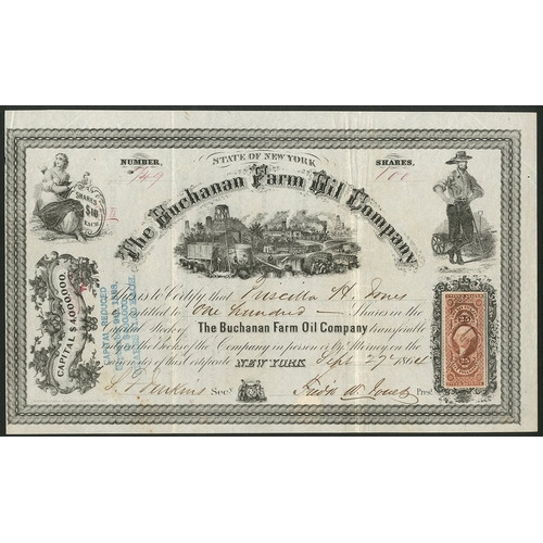 815 - U.S.A.: Buchanan Farm Oil Company, $10 shares, 186[4], #749, wells in centre, black, adhesive revenu... 