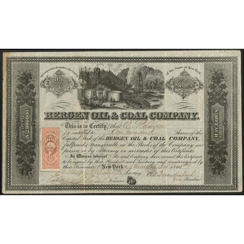 814 - U.S.A.: Bergen Oil and Coal Company, $10 shares, 186[5], #776, wells in centre, black, adhesive reve... 