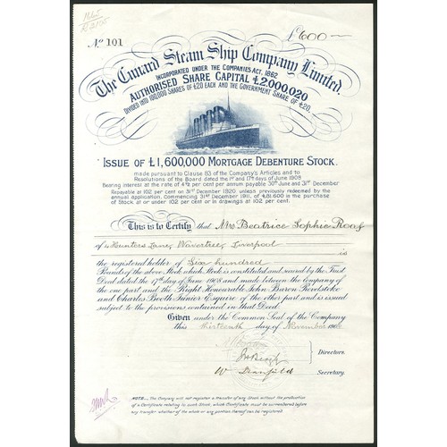 432 - Great Britain: Cunard Steam Ship Co. Ltd., Mortgage debenture stock, 190[8], #101, vignette of steam... 