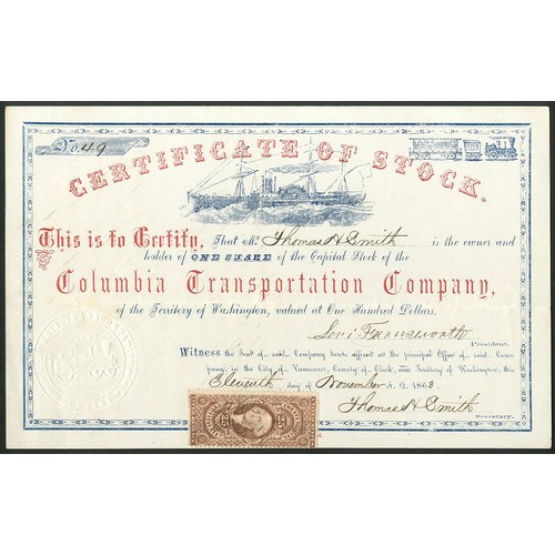 754 - U.S.A.: Columbia Transportation Co., one share, 186[3], #49, steamer at top, blue and red, small for... 