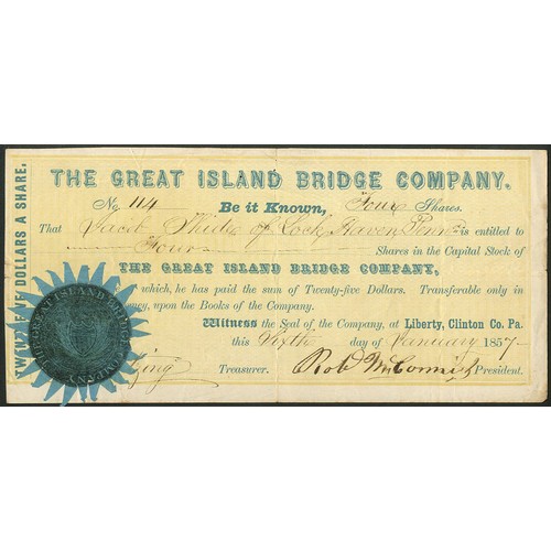 837 - U.S.A.: Great Island Bridge Co., $25 shares, 185[7], #114, blue with yellow underprint, blue paper s... 