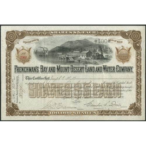 835 - U.S.A.: Frenchman's Bay and Mount Desert Land and Water Co., $5 shares, 189[3], #7360, vignette of B... 