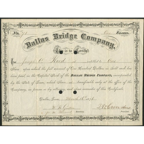 831 - U.S.A.: Dallas Bridge Co., $100 shares, 187[6], #71, black with decorative border, hole cancelled. F... 