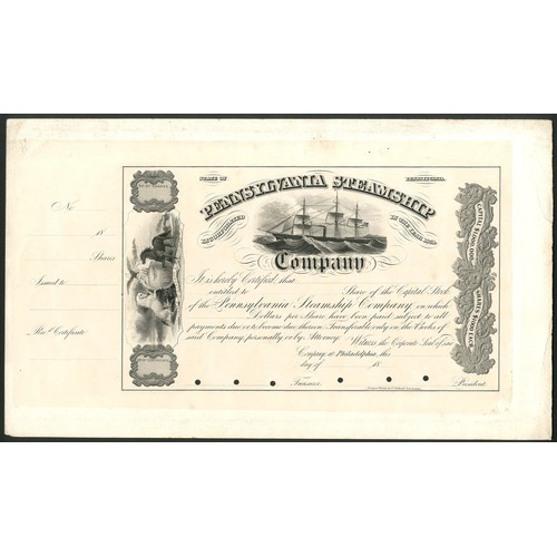 841 - U.S.A.: Pennsylvania Steamship Co., $1000 shares, proof on card, vignette of ship at top, black, on ... 