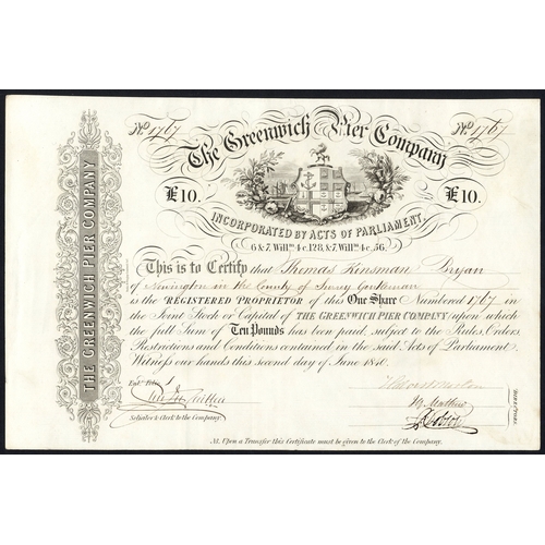 447 - Great Britain: Greenwich Pier Company, £10 share, 1840, #1767, large coat of arms with shipping scen... 