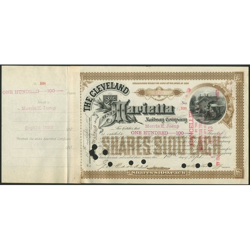 710 - ª U.S.A.: Cleveland and Marietta Railway Co., 100 shares of $100 each, 188[7], #108, issued to and s... 