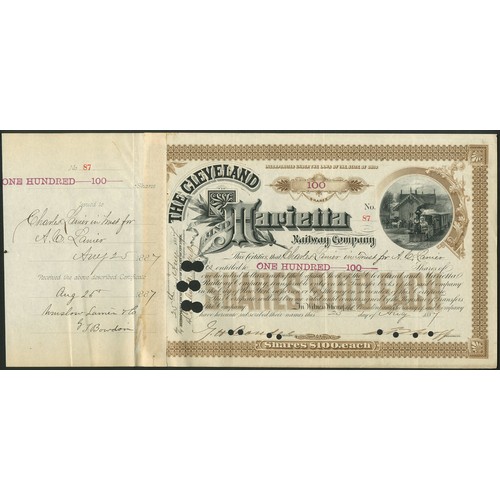 709 - ª U.S.A.: Cleveland and Marietta Railway Co., 100 shares of $100 each, 188[7], #87, issued to and si... 