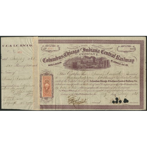 712 - ª U.S.A.: Columbus, Chicago and Indiana Central Railway Co., $100 shares, 18[68], #673, issued to an... 