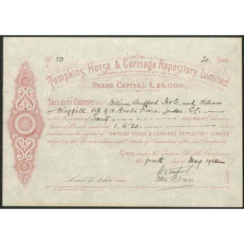 574 - Great Britain: Tompkins' Horse & Carriage Repository Ltd., £5 shares, 189[1912], #59, red with s... 