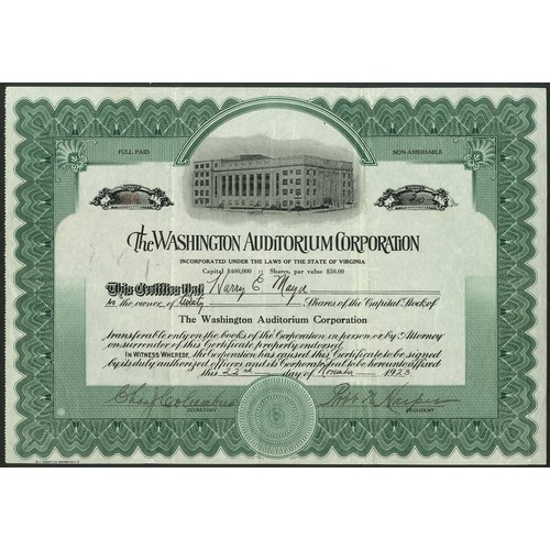 848 - ** U.S.A.: Washington Auditorium Corporation, $50 shares, 19[23], #238, vignette of the building, gr... 