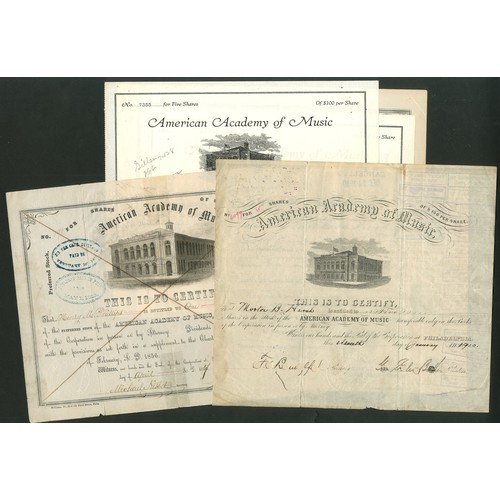 826 - ** U.S.A.: American Academy of Music, Philadelphia, a series of 5 certificates, 1856-1952, comprisin... 