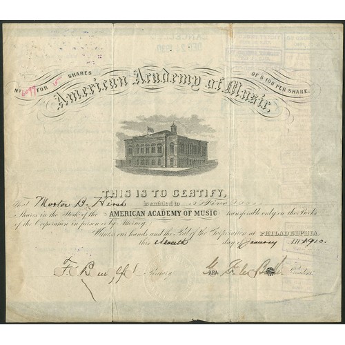 826 - ** U.S.A.: American Academy of Music, Philadelphia, a series of 5 certificates, 1856-1952, comprisin... 