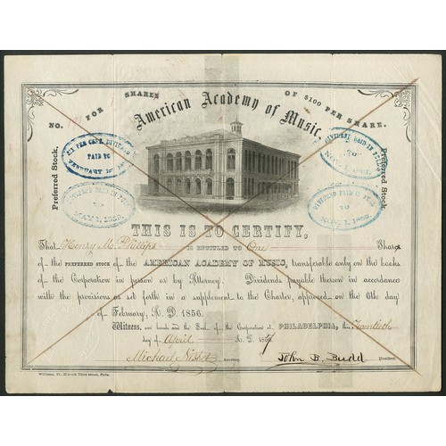 826 - ** U.S.A.: American Academy of Music, Philadelphia, a series of 5 certificates, 1856-1952, comprisin... 