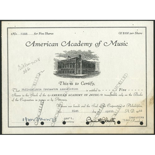 826 - ** U.S.A.: American Academy of Music, Philadelphia, a series of 5 certificates, 1856-1952, comprisin... 