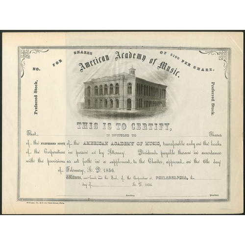 826 - ** U.S.A.: American Academy of Music, Philadelphia, a series of 5 certificates, 1856-1952, comprisin... 