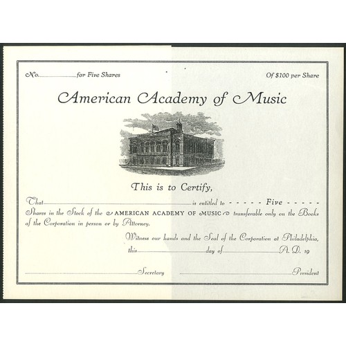 826 - ** U.S.A.: American Academy of Music, Philadelphia, a series of 5 certificates, 1856-1952, comprisin... 